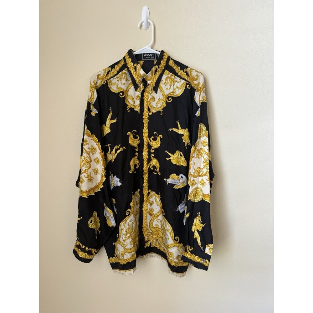 Versace V2 100% Silk Baroque Button Up Shirt Long Sleeve Gold Black Vtg Large